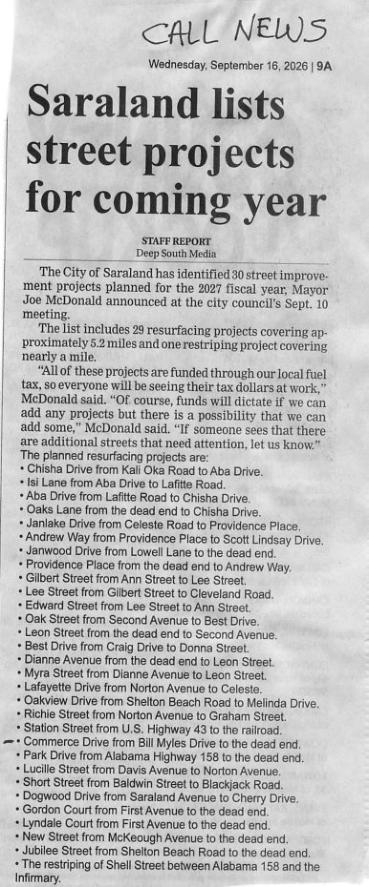 Saraland Lists Street Projects for the Coming Year